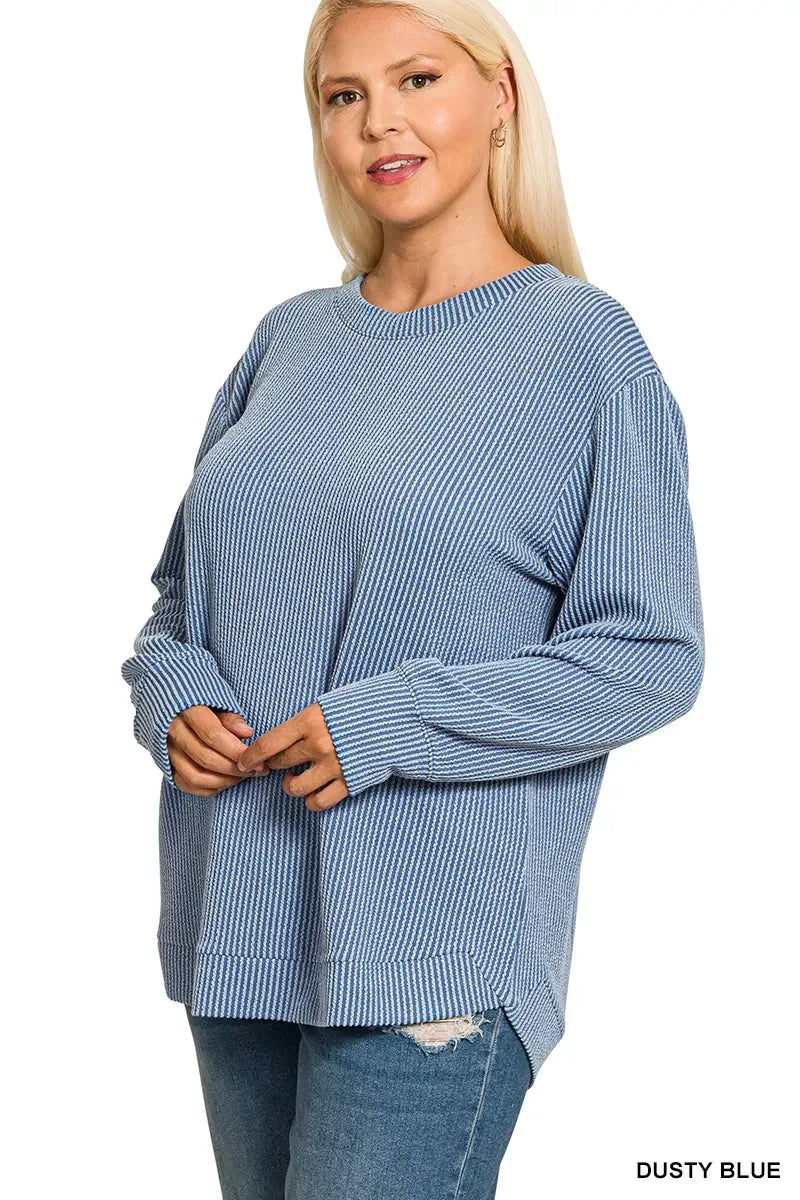 Zenana Full Size Raised Rib Round Neck Long Sleeve Top Plus Size - DAVERRI FASHIONS