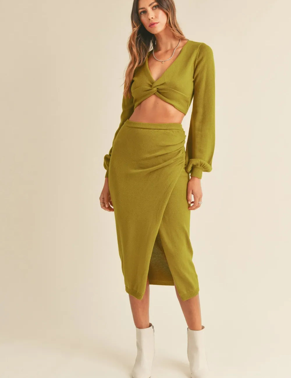 Moss Green MABLE Front Twisted Knit Top and Midi Skirt Set | Outfit Sets Daverri Fashions