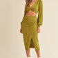 MABLE Front Twisted Knit Top and Midi Skirt Set Moss Green Outfit Sets
