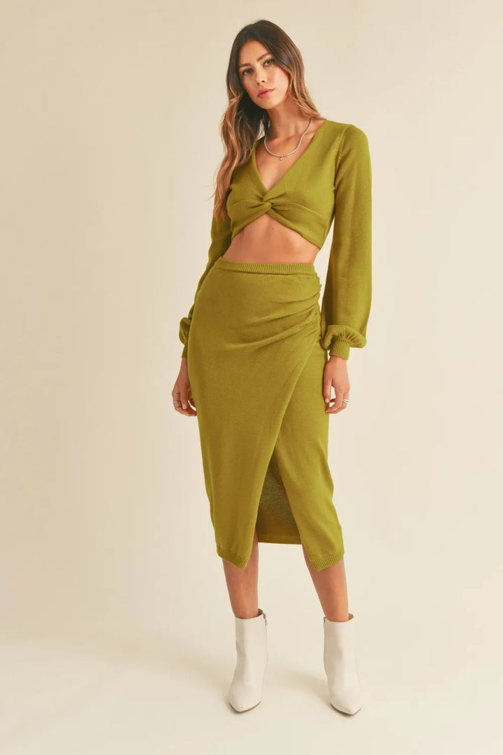 MABLE Front Twisted Knit Top and Midi Skirt Set Moss Green Outfit Sets