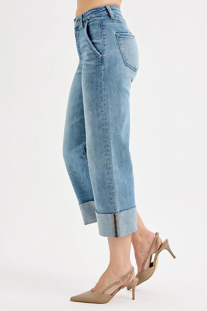 RISEN Full Size Tummy Control High Rise Ankle Wide Cuffed Jeans Jeans