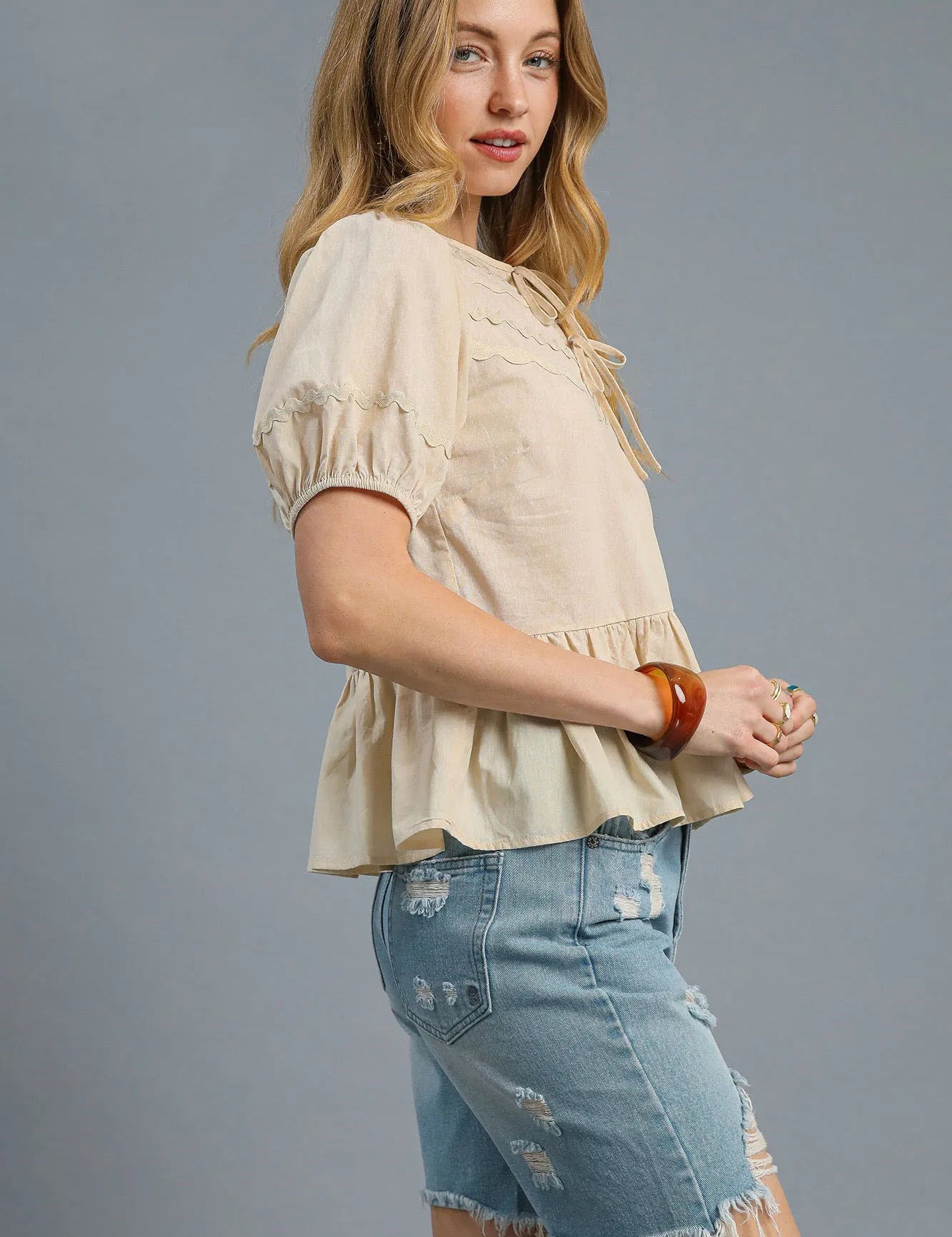 Umgee Tie Front Puff Sleeve Blouse | Daverri Fashions