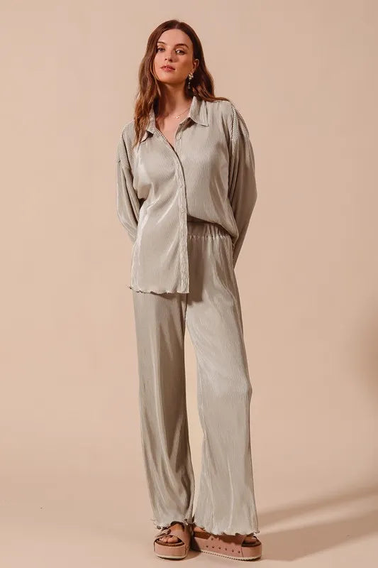 SO ME Pleated Shirt and Pants Set with Wavy Edge Details