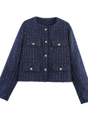 Dark Blue Tweed Button Up Cropped Jacket | Jackets Daverri Fashions