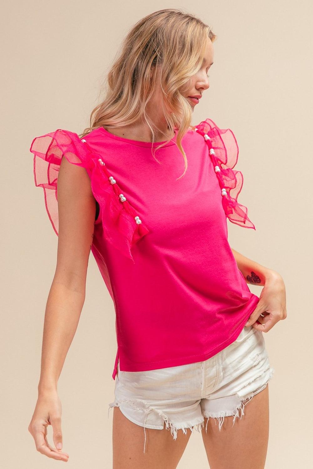 BiBi Pearl Decor Mesh Ruffle Sleeve Top Shirts & Tops