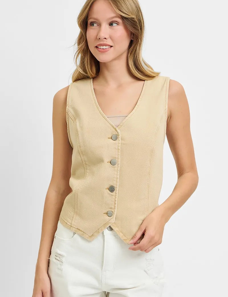 Latte RISEN Full Size V Neck Button Down Vest Plus Size | Daverri Fashions