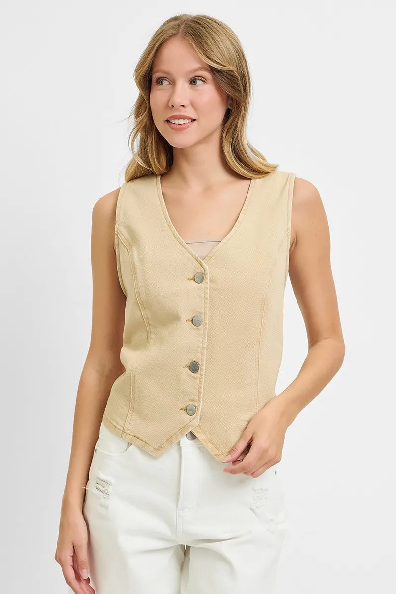 RISEN Full Size V Neck Button Down Vest Plus Size Latte