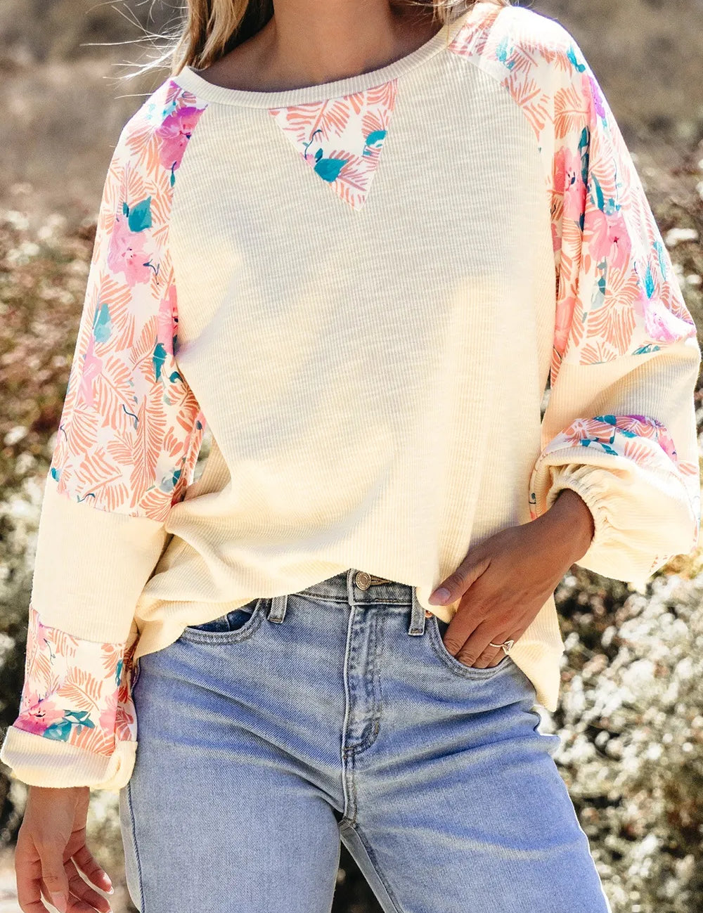 Ivory Printed Round Neck Balloon Sleeve Sweatshirt | Sweatshirts Daverri Fashions