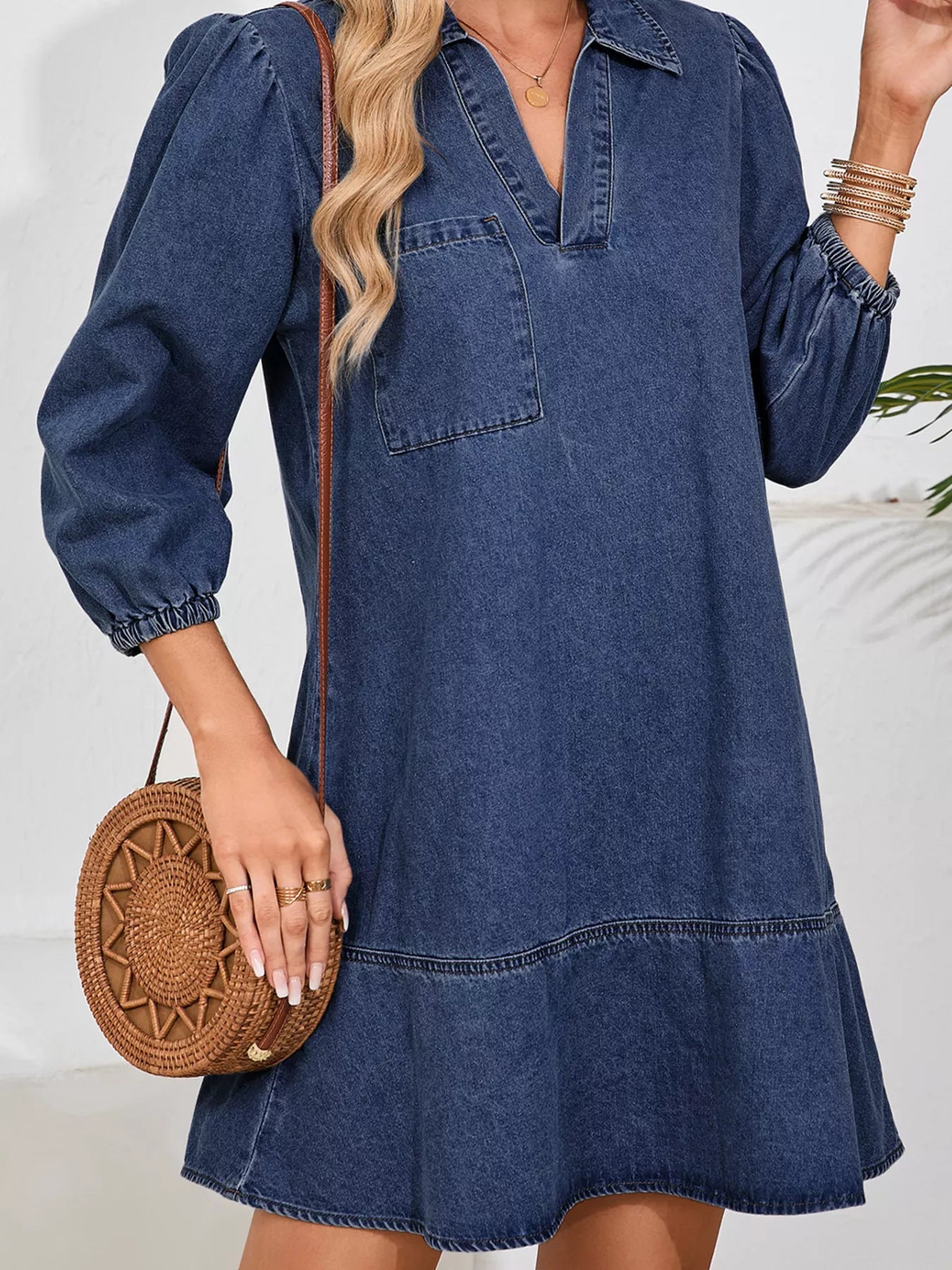 V Neck Collared Single Chest Pocket Long Sleeve Denim Dress | Mini Dresses Daverri Fashions