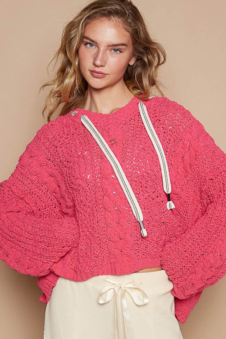 POL Cable Knit Hooded Chenille Sweater Fuchsia