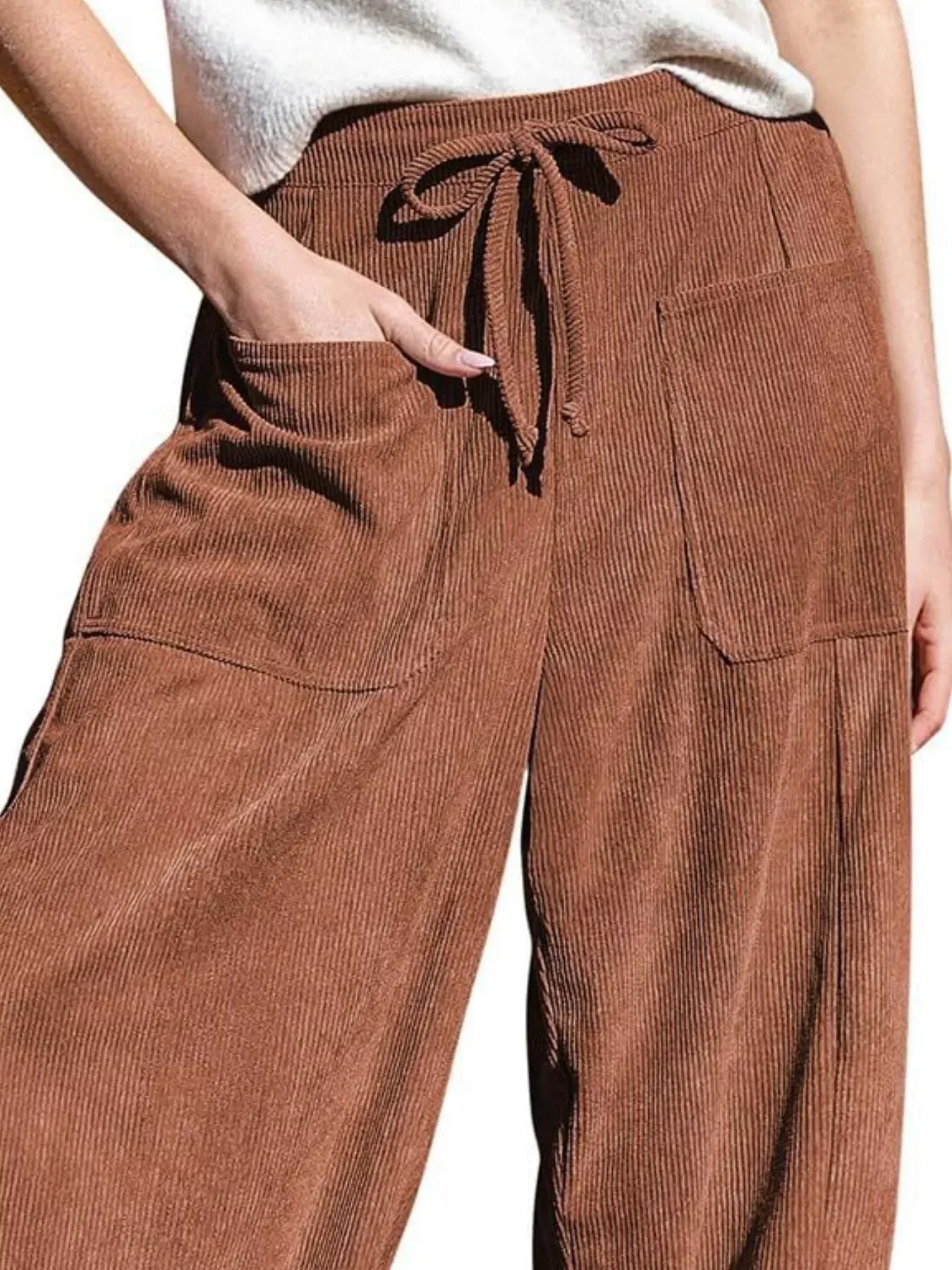 Daverri Fashions Casual Corduroy Wide Leg Pants with Pockets - DAVERRI FASHIONS