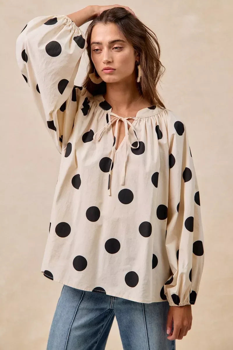 BiBi Polka Dot Exaggerated Balloon Sleeves Blouse - DAVERRI FASHIONS