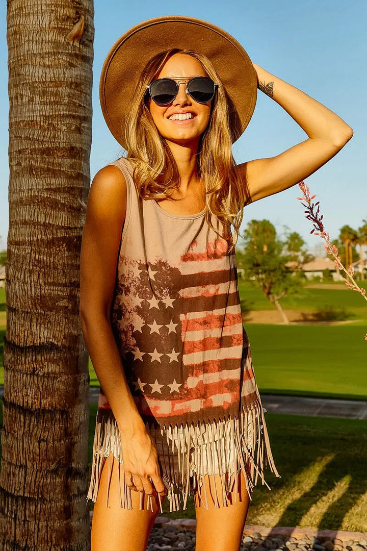 BiBi American Flag Print Knit Sleeveless Top Tank Tops
