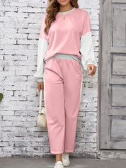 Color Block Round Neck Top and Pants Set | Loungewear Sets Daverri Fashions