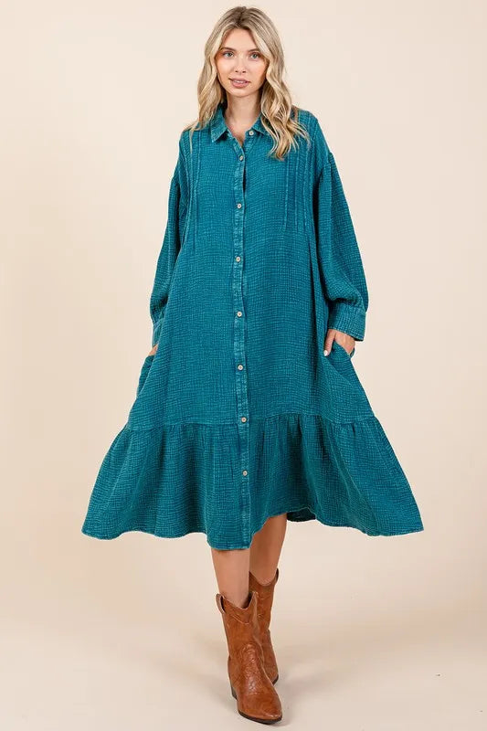 Mittoshop Mineral Wash Cotton Gauze Ruffle Midi Shirt Dress Midi Dresses