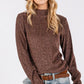 SAGE + FIG Glitter Mock Neck Lettuce Hem Long Sleeve Top Brown Tops