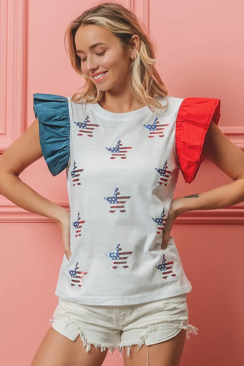 BiBi American Flag Sequin Stars Top Tops
