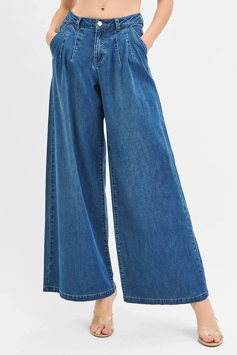 RISEN Mid Rise Fit Wide Leg Knit Denim Look Jeans - DAVERRI FASHIONS
