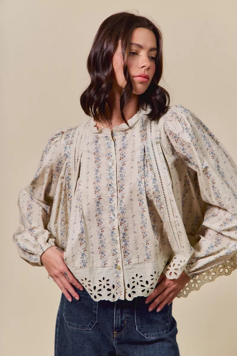 SO ME Floral Print Lace Button Down Shirt | Daverri Fashions