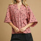 Umgee Corduroy Bow Print Balloon Sleeve Blouse - DAVERRI FASHIONS