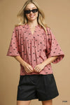 Umgee Corduroy Bow Print Balloon Sleeve Blouse - DAVERRI FASHIONS