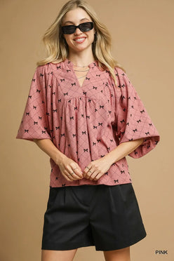 Umgee Corduroy Bow Print Balloon Sleeve Blouse - DAVERRI FASHIONS