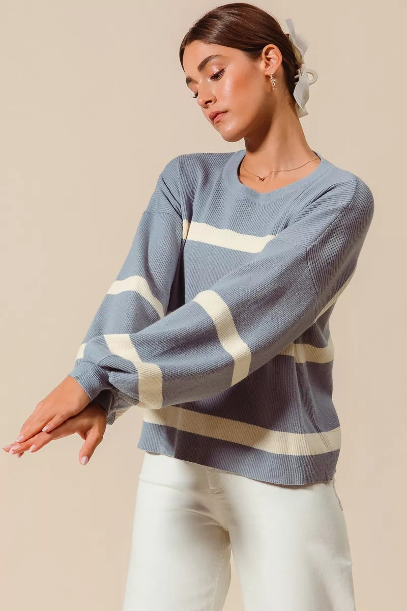 SO ME Ribbed Striped Round Neck Sweater in blue and white cotton