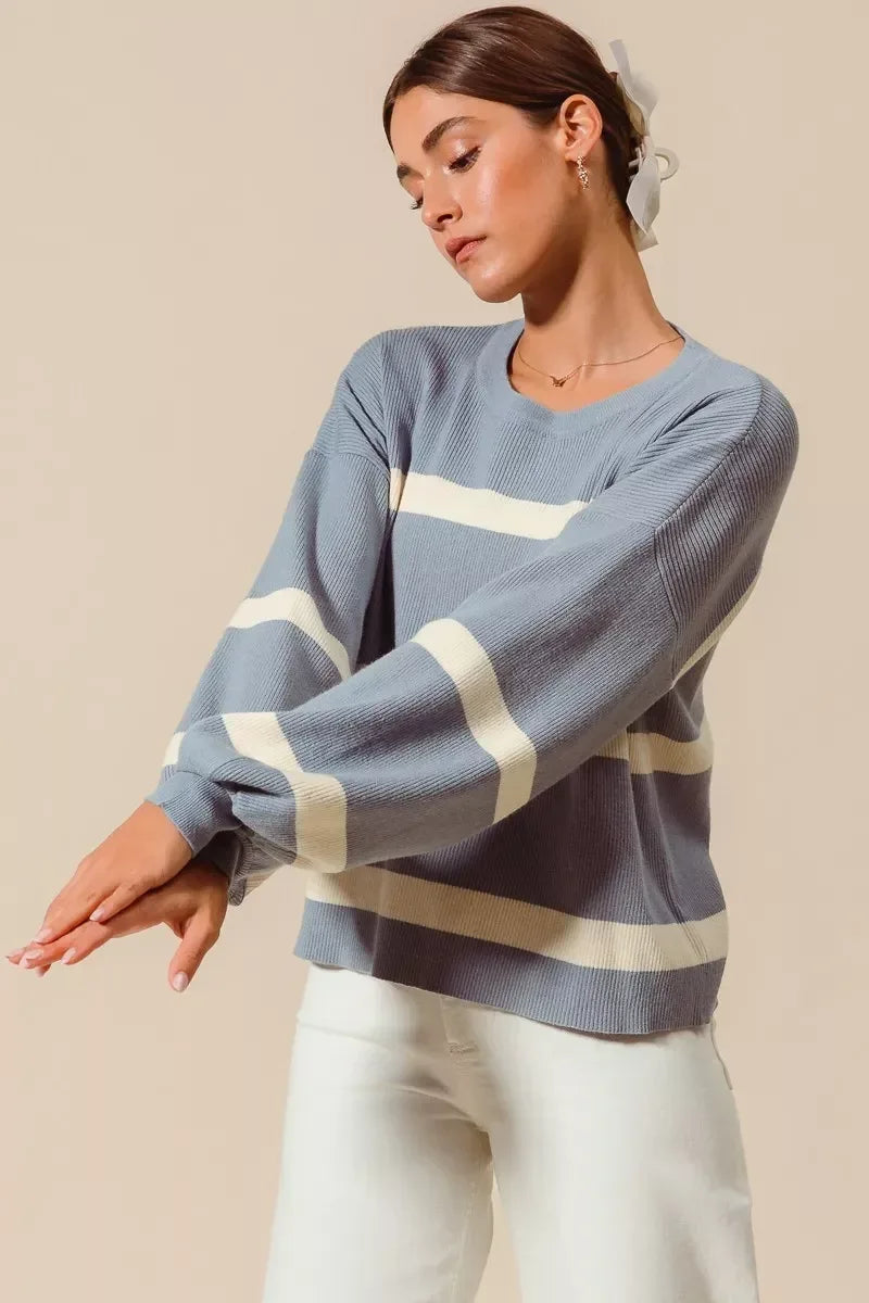 SO ME Ribbed Striped Round Neck Sweater - DAVERRI FASHIONS