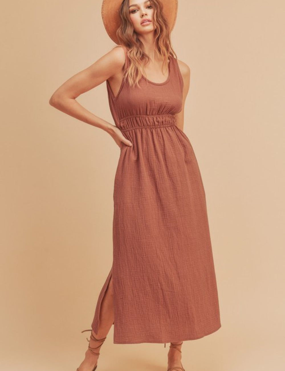 Aemi + Co Side Slit Round Neck Sleeveless Tank Dress Terracotta