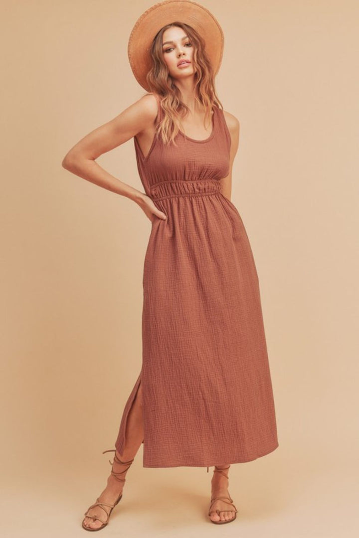 Aemi + Co Side Slit Round Neck Sleeveless Tank Dress Terracotta Tank Dresses