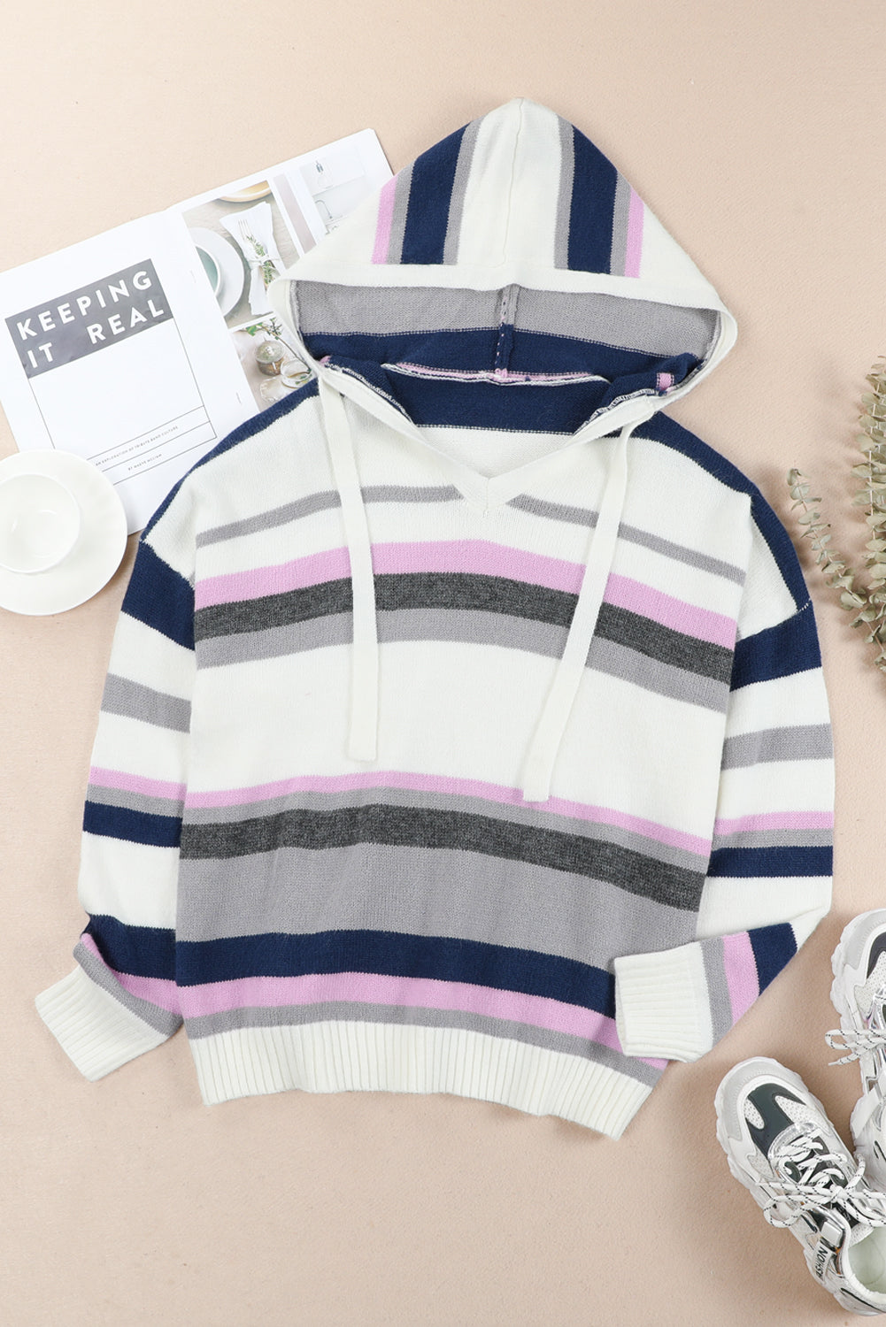 Plus Size Striped Long Sleeve Hooded Sweater | Daverri Fashions