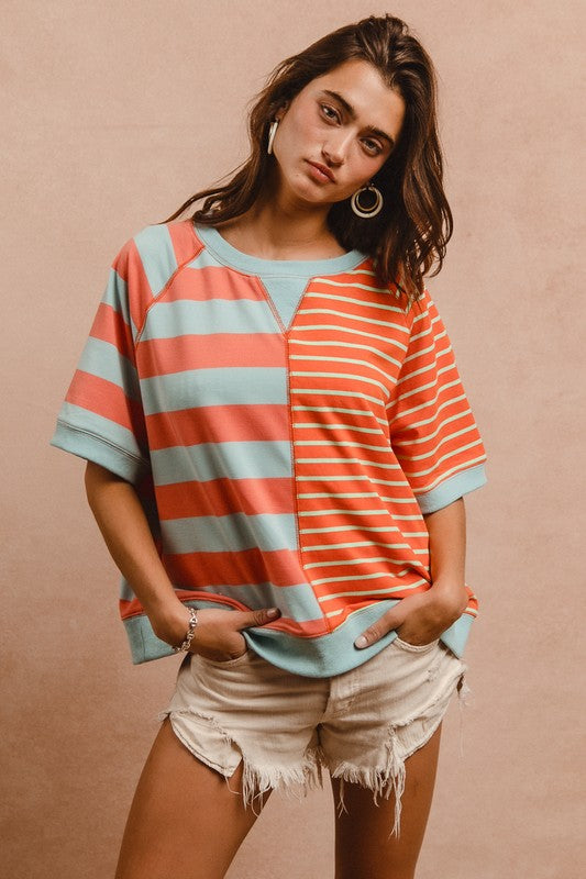 BiBi Striped Round Neck Half Sleeve French Terry Top Tops