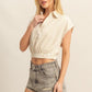 HYFVE Striped Elastic Hem Johnny Collar Cap Sleeve Blouse Blouses