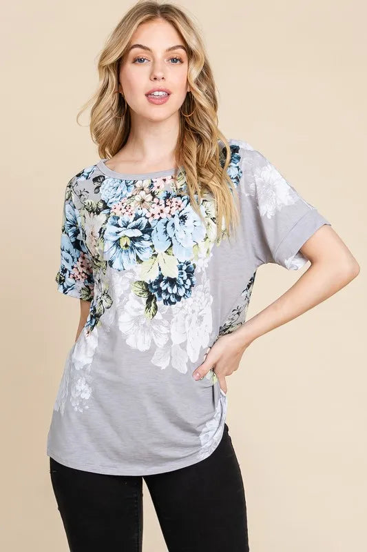 Light Gray BOMBOM Floral Round Neck Short Sleeve T-Shirt | Daverri Fashions