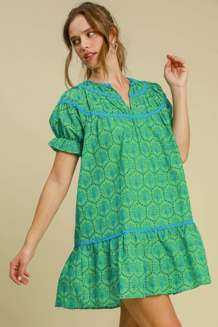 Umgee Full Size Eyelet Mini Dress With Ric Rac Trim Plus Size Green Mini Dresses