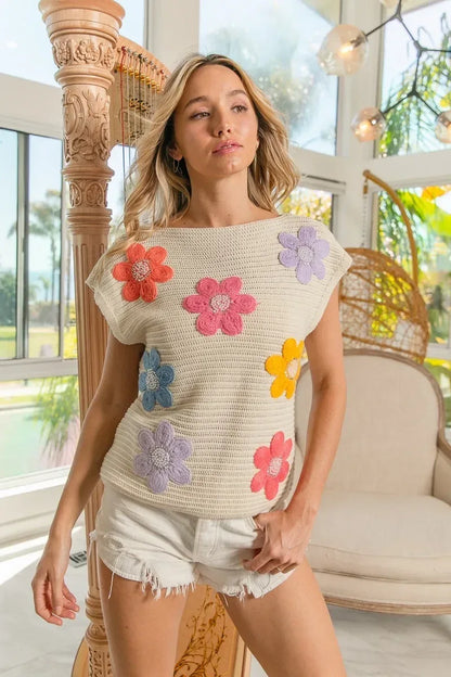 BiBi Multi Jeweled Crochet Flower Patch Sweater Vest - DAVERRI FASHIONS