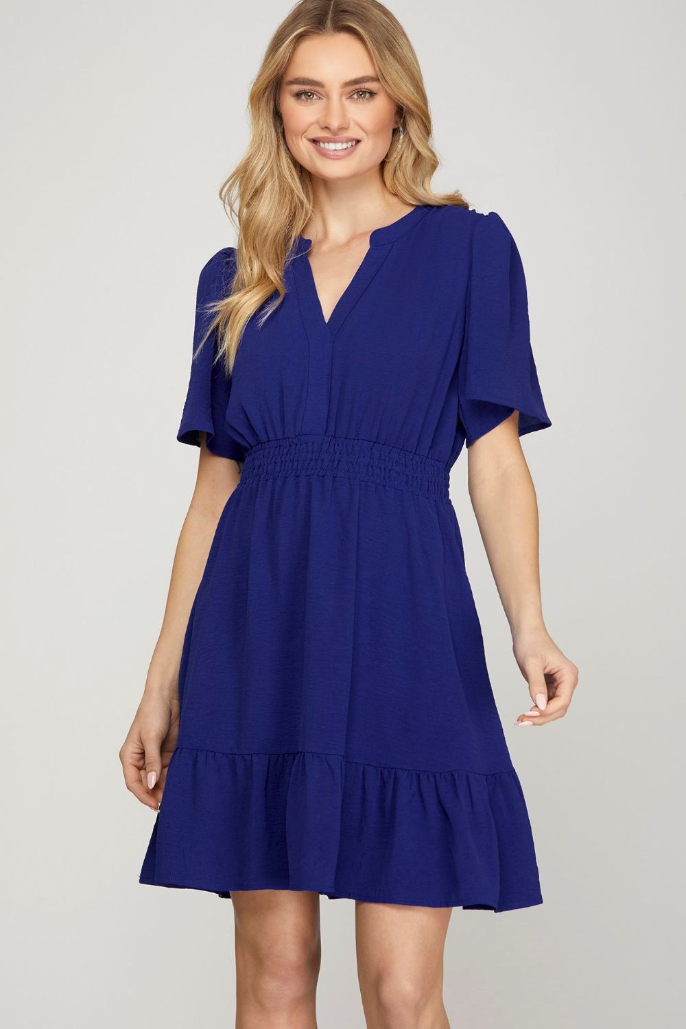 She + Sky Ruffled Hem Notched Flutter Sleeve Mini Dress Navy Mini Dresses