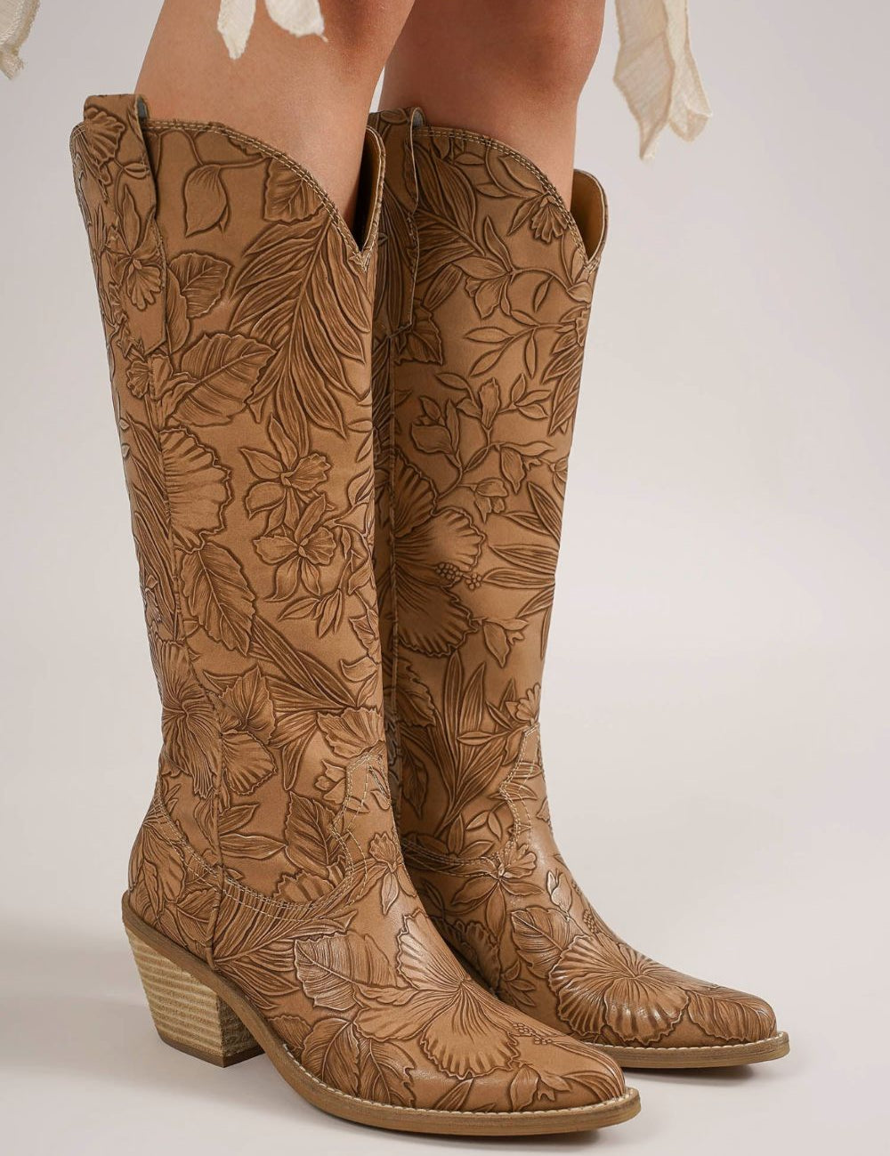 Embossed Floral Point Toe Block Heel Boots Boots