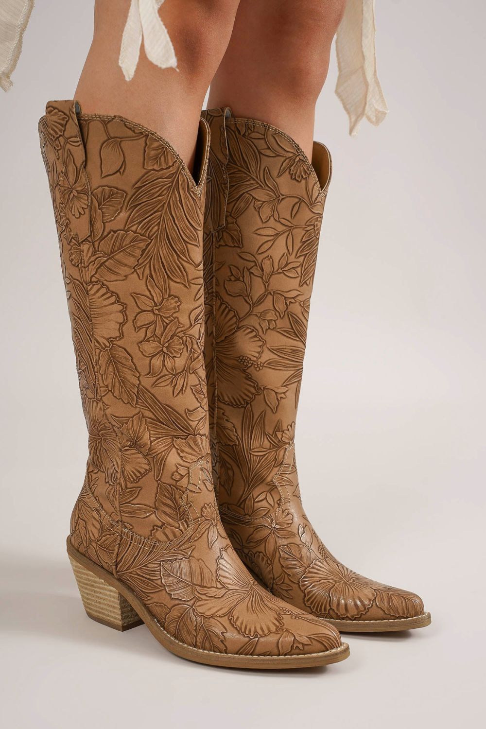 Embossed Floral Point Toe Block Heel Boots Boots