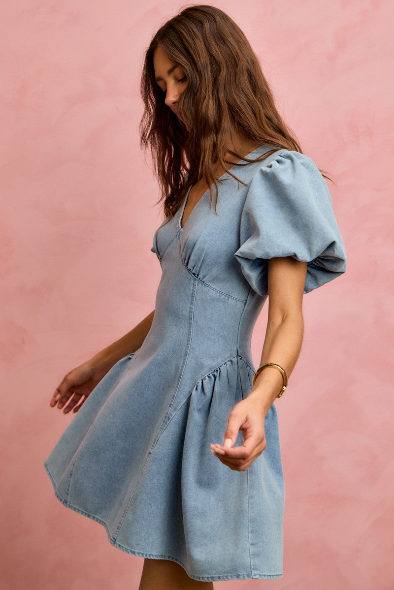 SO ME bubble sleeves light blue denim fit and flare mini dress
