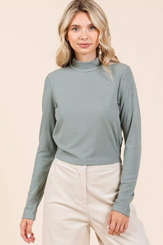 Mittoshop Mock Neck Rib Knit Long Sleeve Crop Top Tops