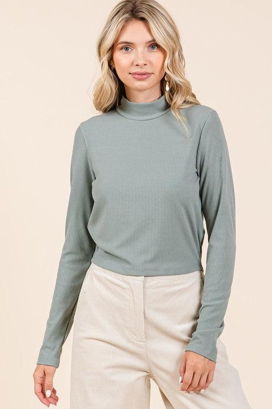 Mittoshop Mock Neck Rib Knit Long Sleeve Crop Top Tops