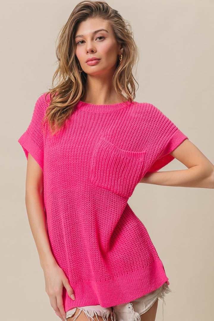 BiBi Patch Pocket Short Sleeve Sweater Fuchsia S