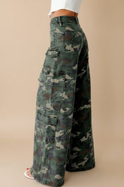 Green Camo Cargo Wide Leg Denim Jeans