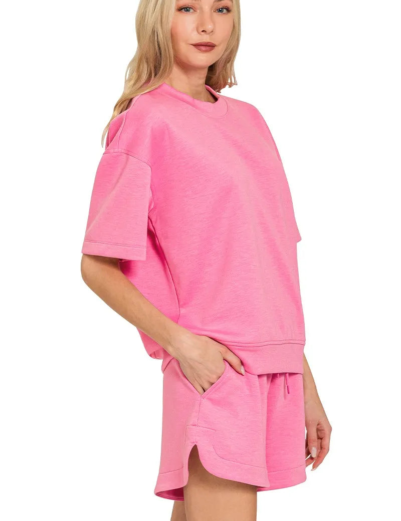 Zenana Scuba Short Sleeve Top & Shorts Set | Loungewear Sets Daverri Fashions