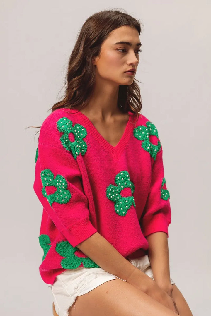 BiBi Pearl Beads Flowers Sweater Top Sweaters