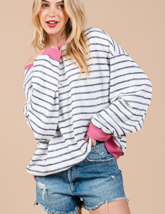 Ces Femme Striped Round Neck Drop Shoulder Sweatshirt Black