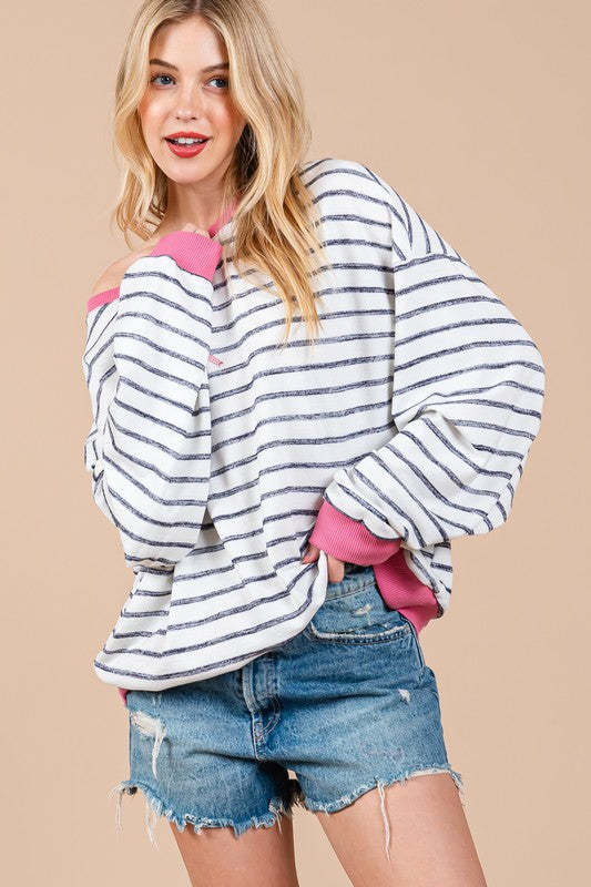 Ces Femme Striped Round Neck Drop Shoulder Sweatshirt Black S Sweatshirts