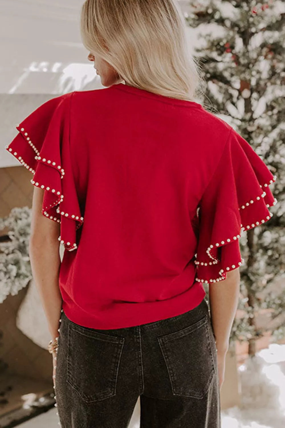 Ruffle Sleeve Pearl Embellished Knit Top | Knit Tops Daverri Fashions