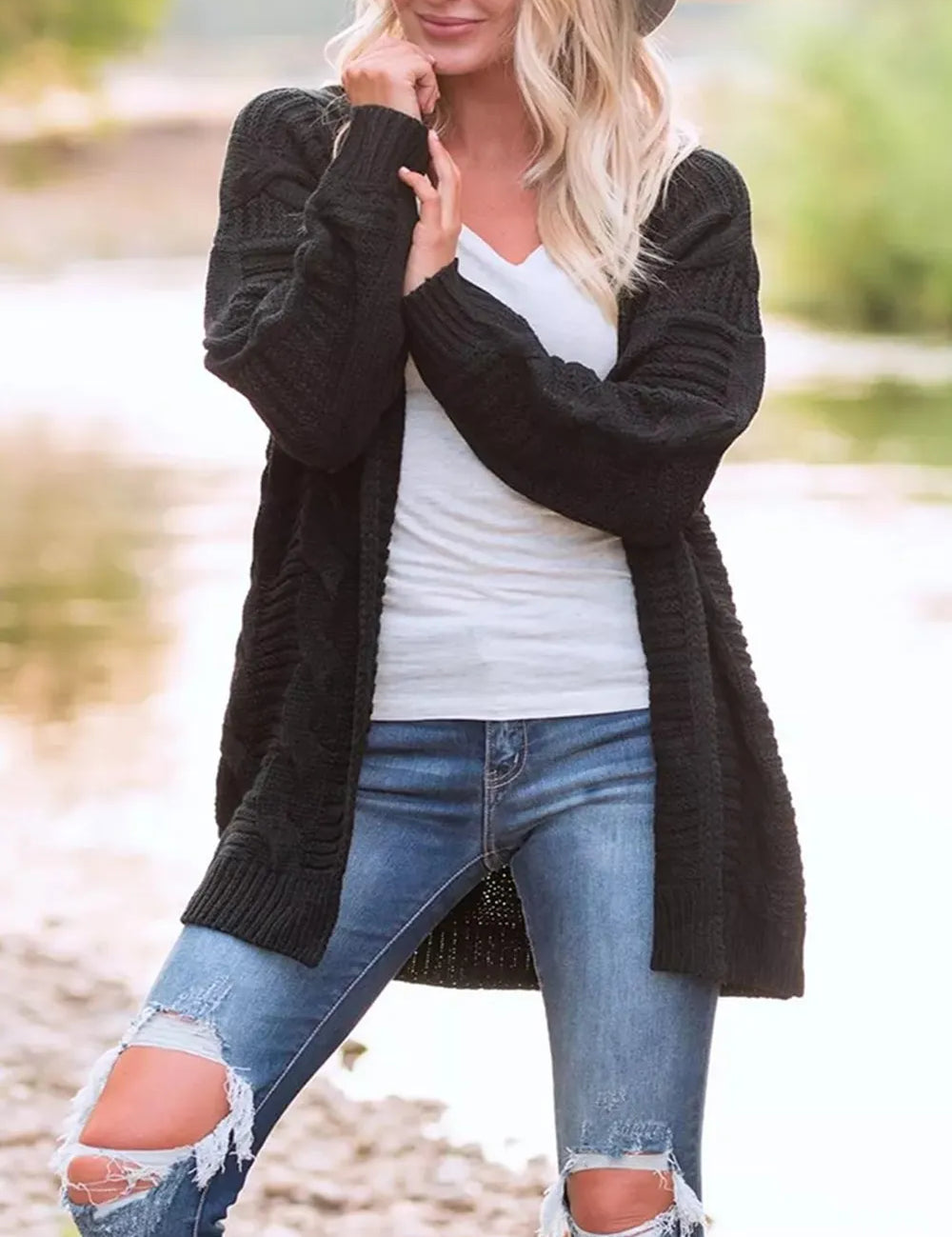 Black Cable-Knit Open Front Long Sleeve Cardigan | Cardigans Daverri Fashions